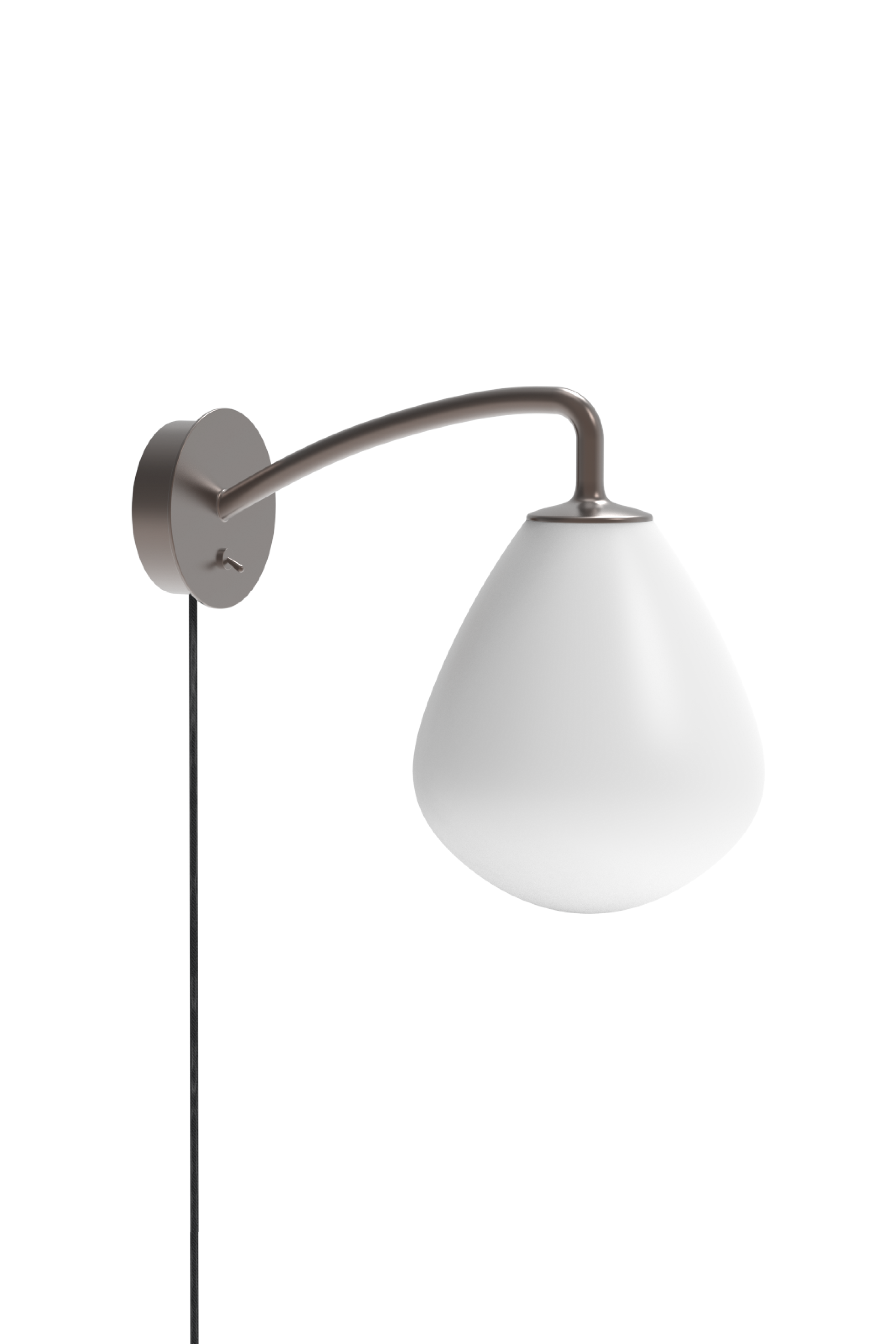 Minimalistisk væglampe med buet metalarm i mørk finish og dråbeformet skærm i hvidt opalglas, monteret på rund vægplade med sort ledning.