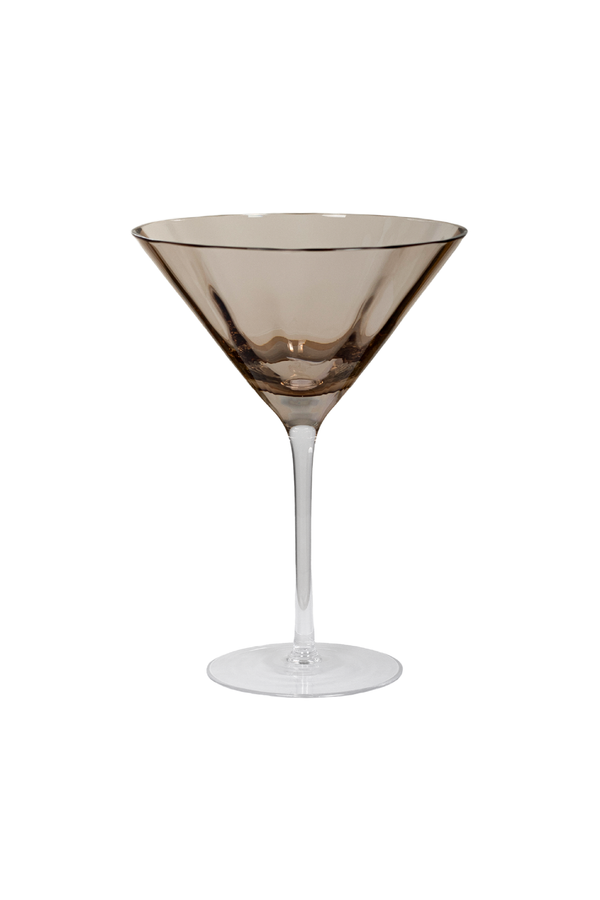 Martiniglas i røgfarvet glas med klart stilk og fod. Glasset har klassisk kegleformet skål