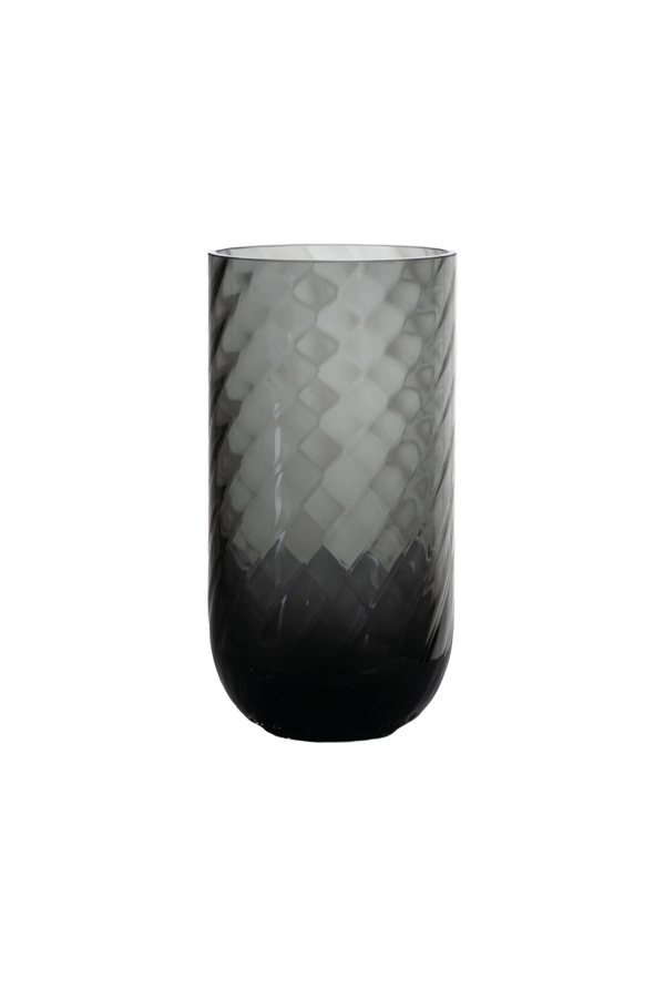 Cylindrisk glasvase i gråtonet glas med mønstret struktur og blank overflade.