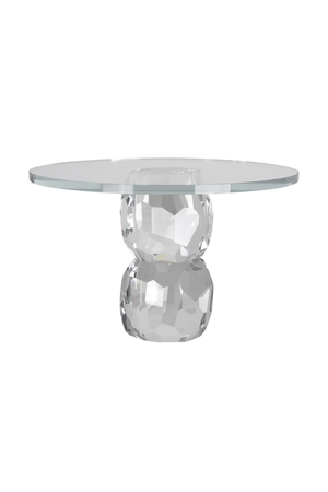 "Kagefad i krystalglas med rund glasplade og fod af to stablede facetslebne kugler.