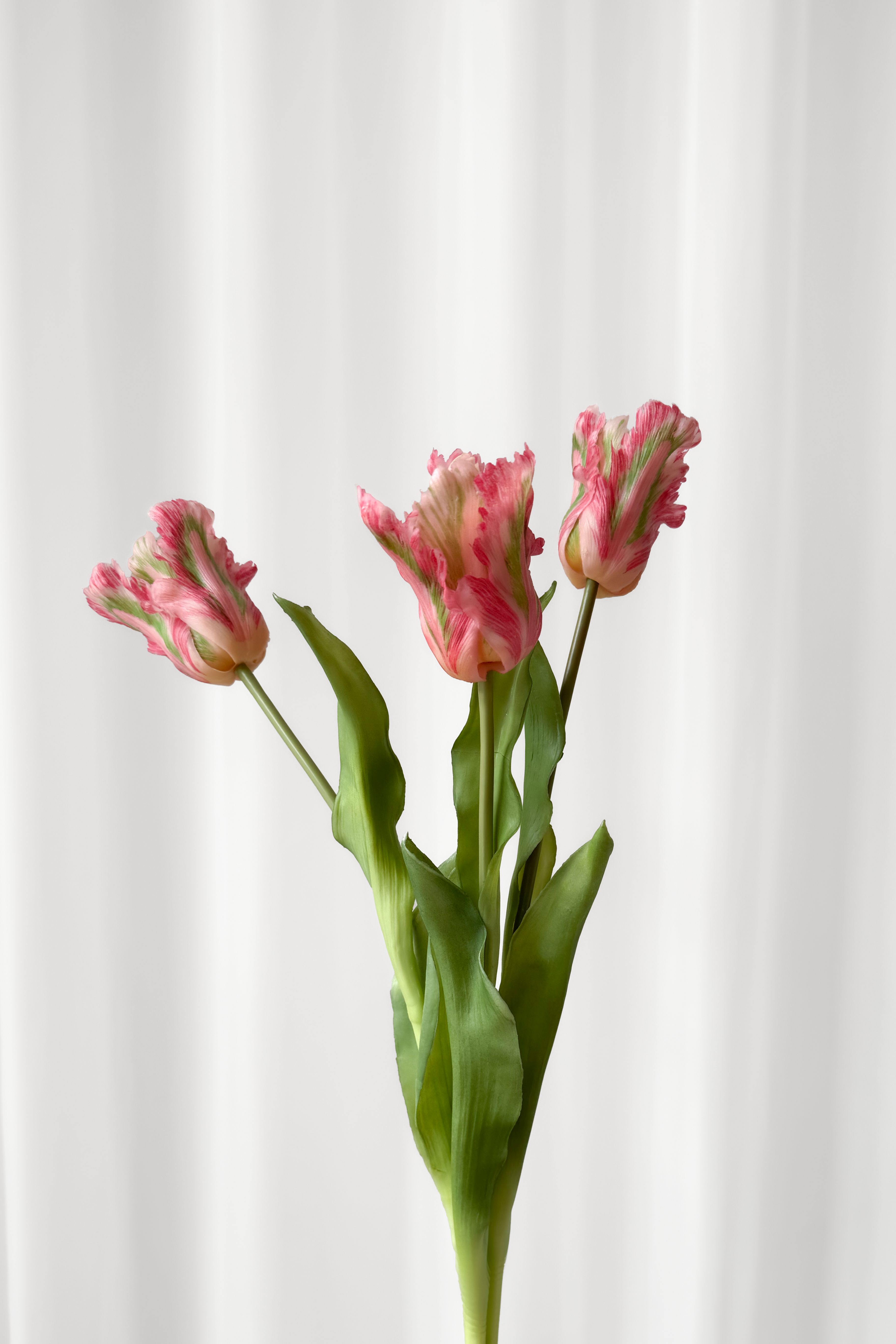 BUndt af papegøjetulipaner i pink og grønne nuancer. Naturtro kunstige blomster.
