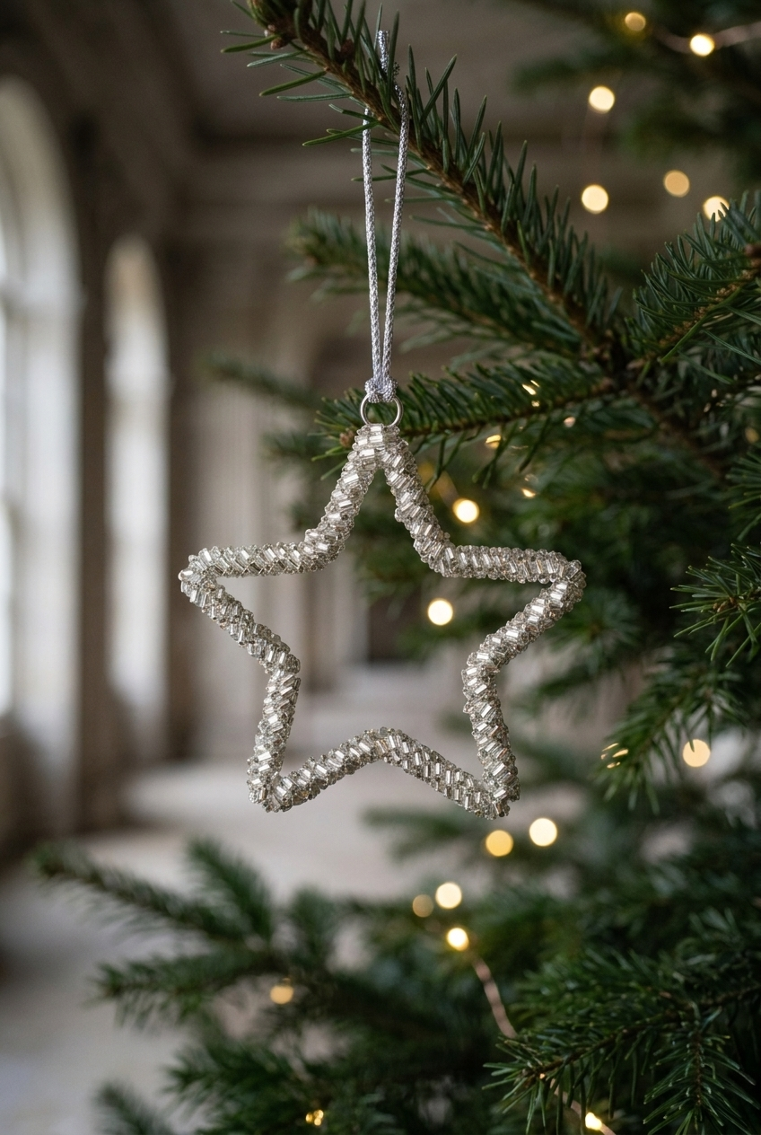 Hængende stjerne i sølv perler. Stjernen hænger på et juletræ.
