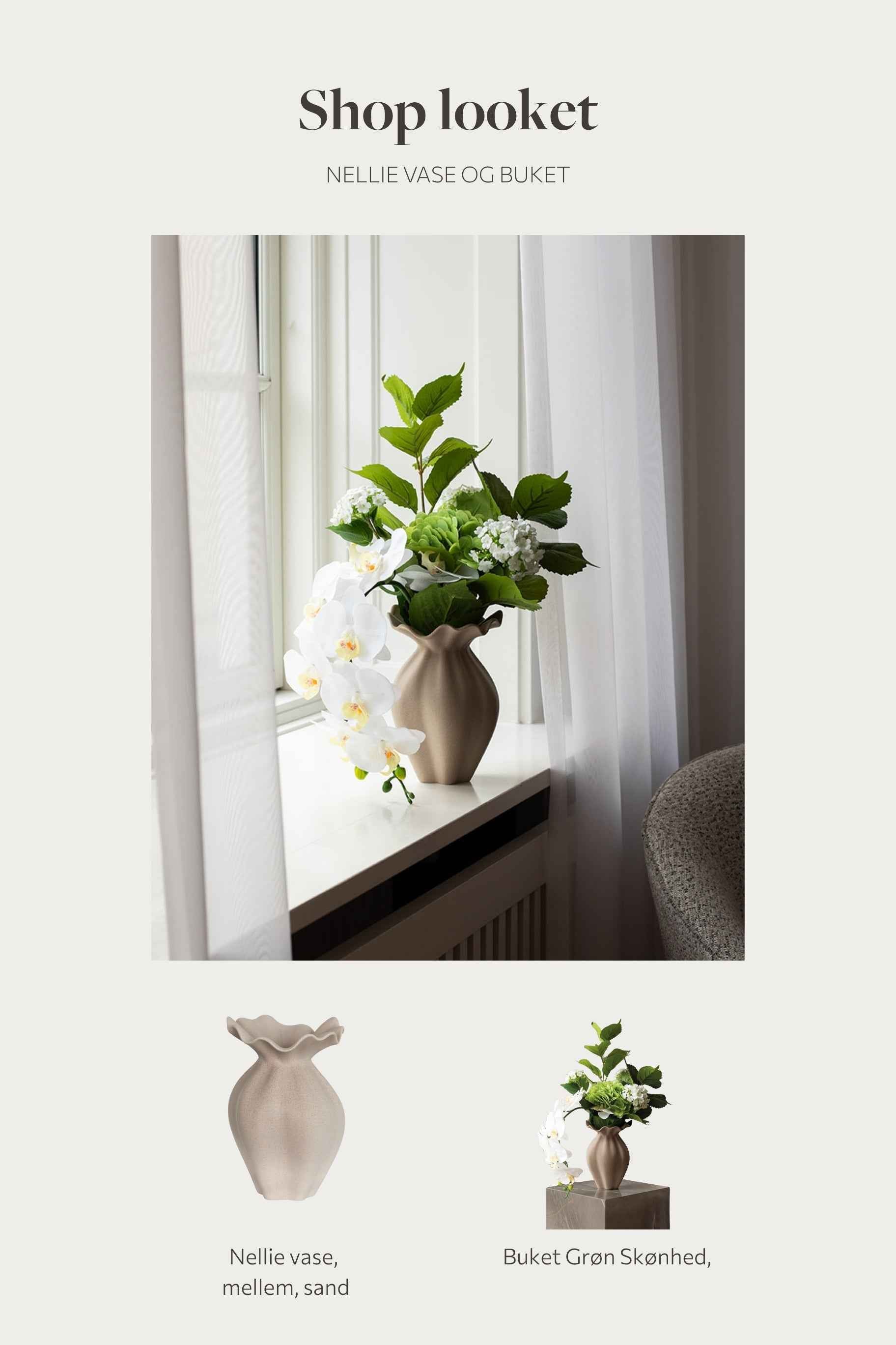 Shop looket - Nellie vase sand og grøn buket