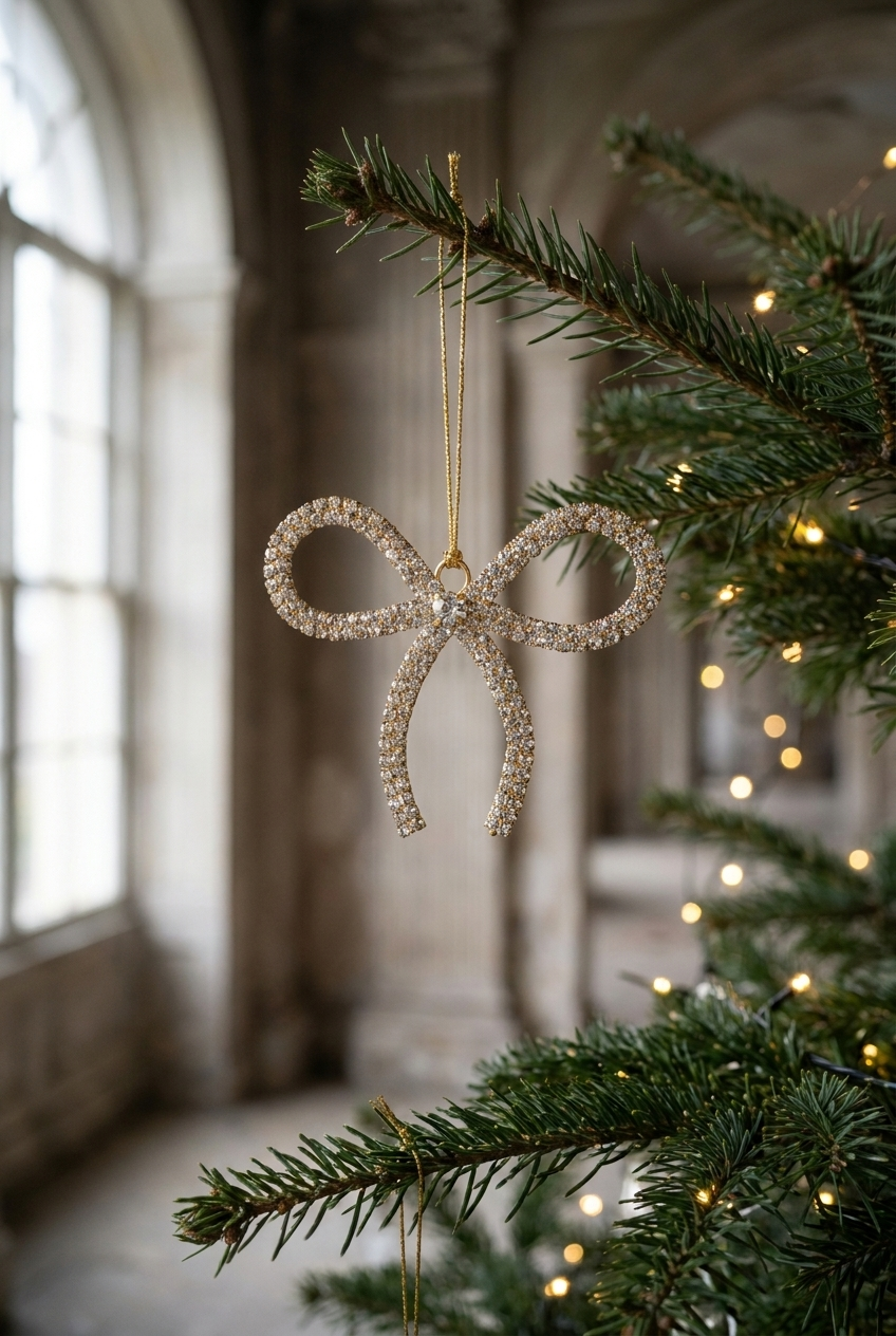 Guld sløjfe med rhinsten, der hænger på et juletræ.