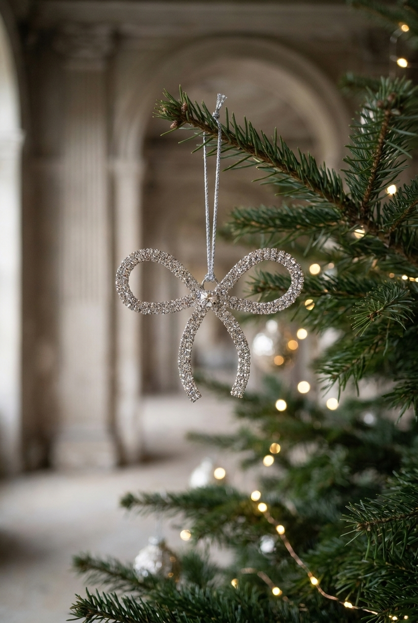 Sølv sløjfe dekoreret med glitrende rhinsten, der hænger på et juletræ.