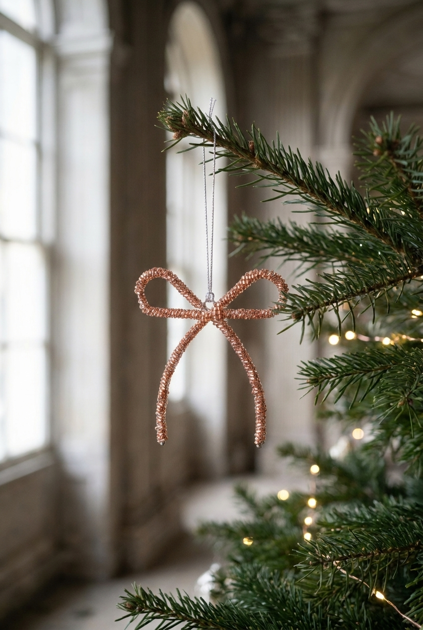 Lille sløjfe til ophæng lavet i rosa perler. Sløjfen hænger på et juletræ.