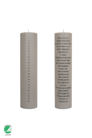 Svanemærket kalenderlys fra Specktrum i farven taupe med 24 øjeblikke af selvforkælelse på hvid baggrund.