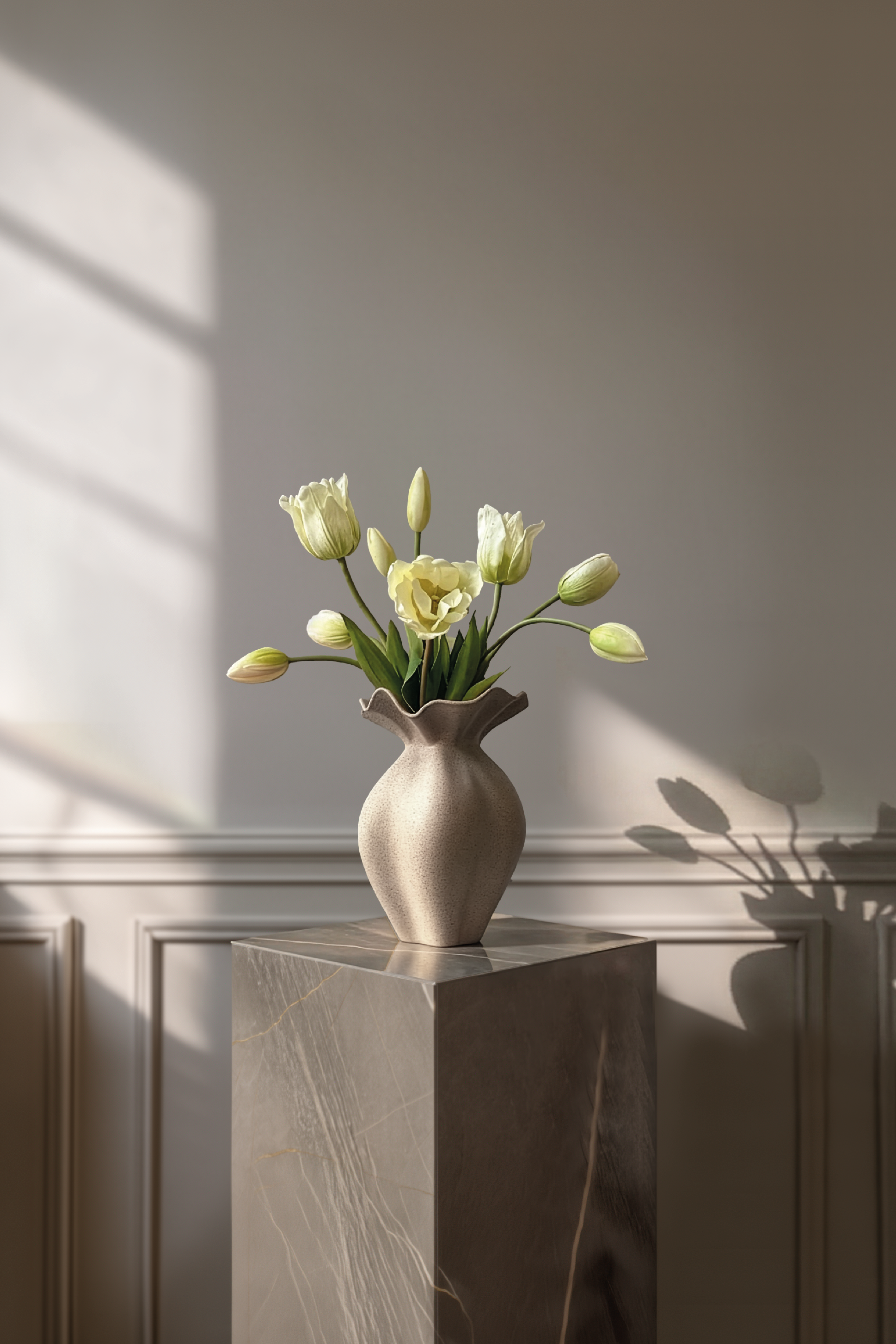 Forårsbuket af hvide tulipaner med grønlige nuancer i. Kunstige tulipaner fra Specktrum.