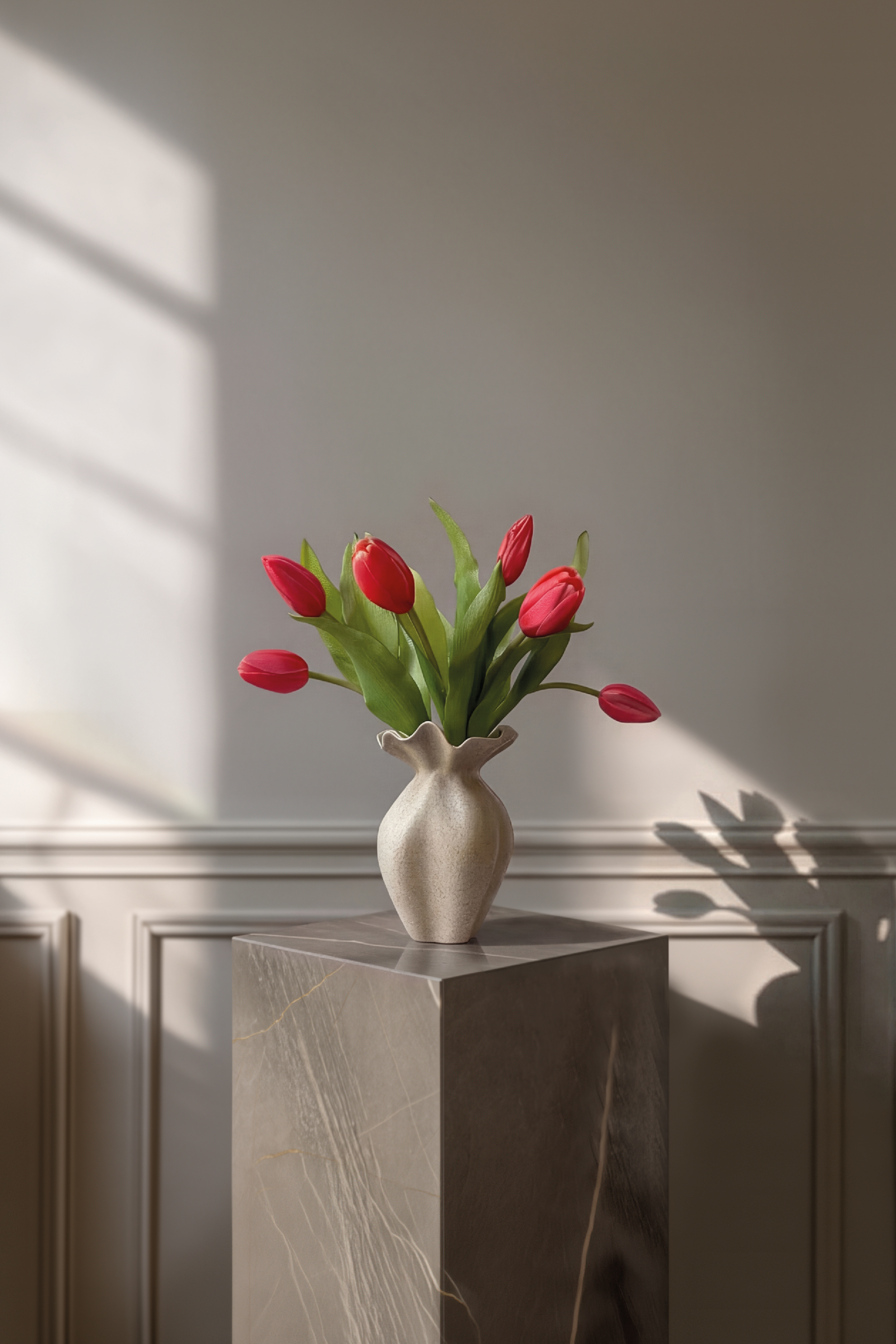Lille bundt af tulipaner i rosa og røde farver stylet i den lille organiske keramikvase, Nellie, fra Specktrum.