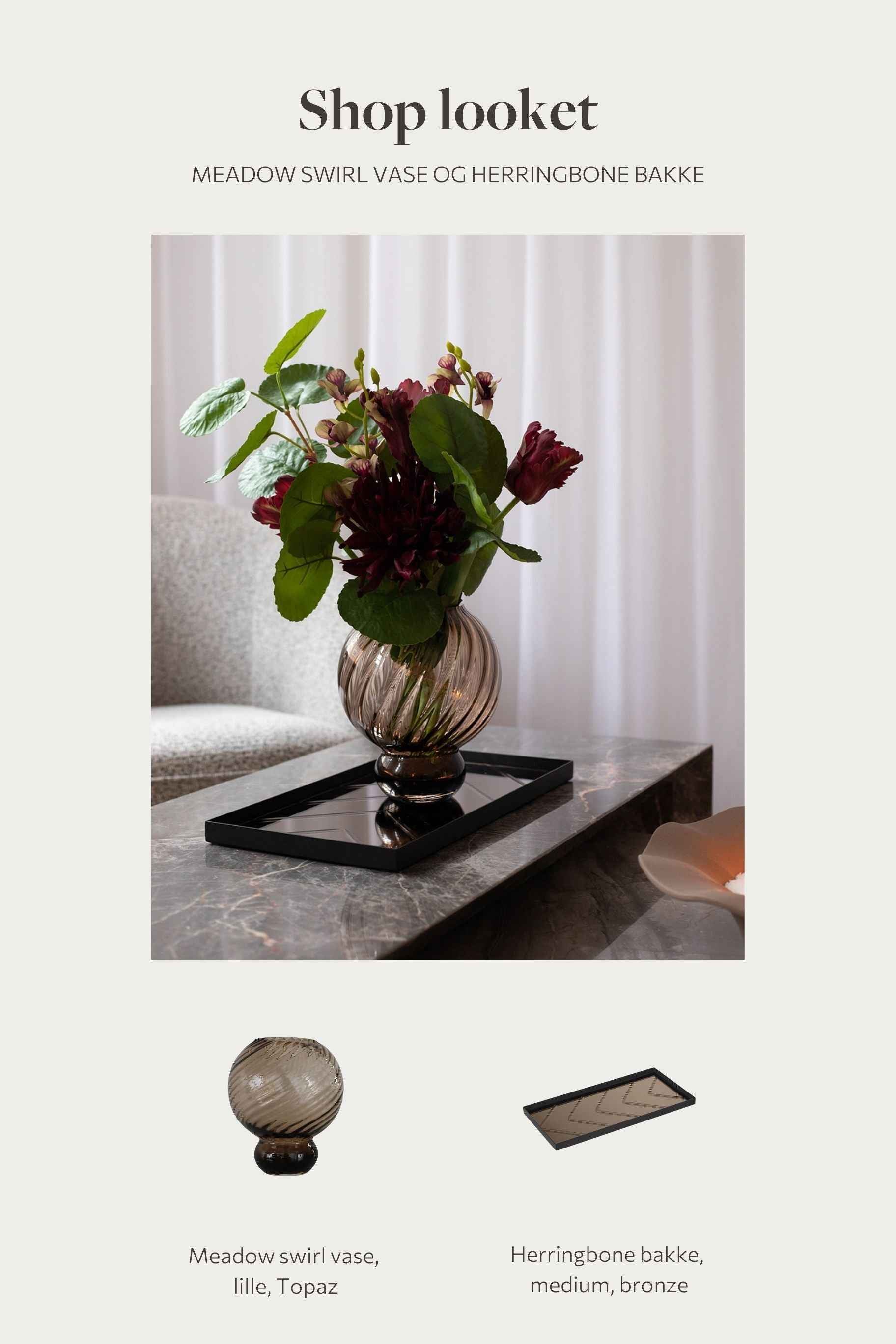 Shop looket - Meadow swirl vase topaz og Herringbone bakke medium bronze