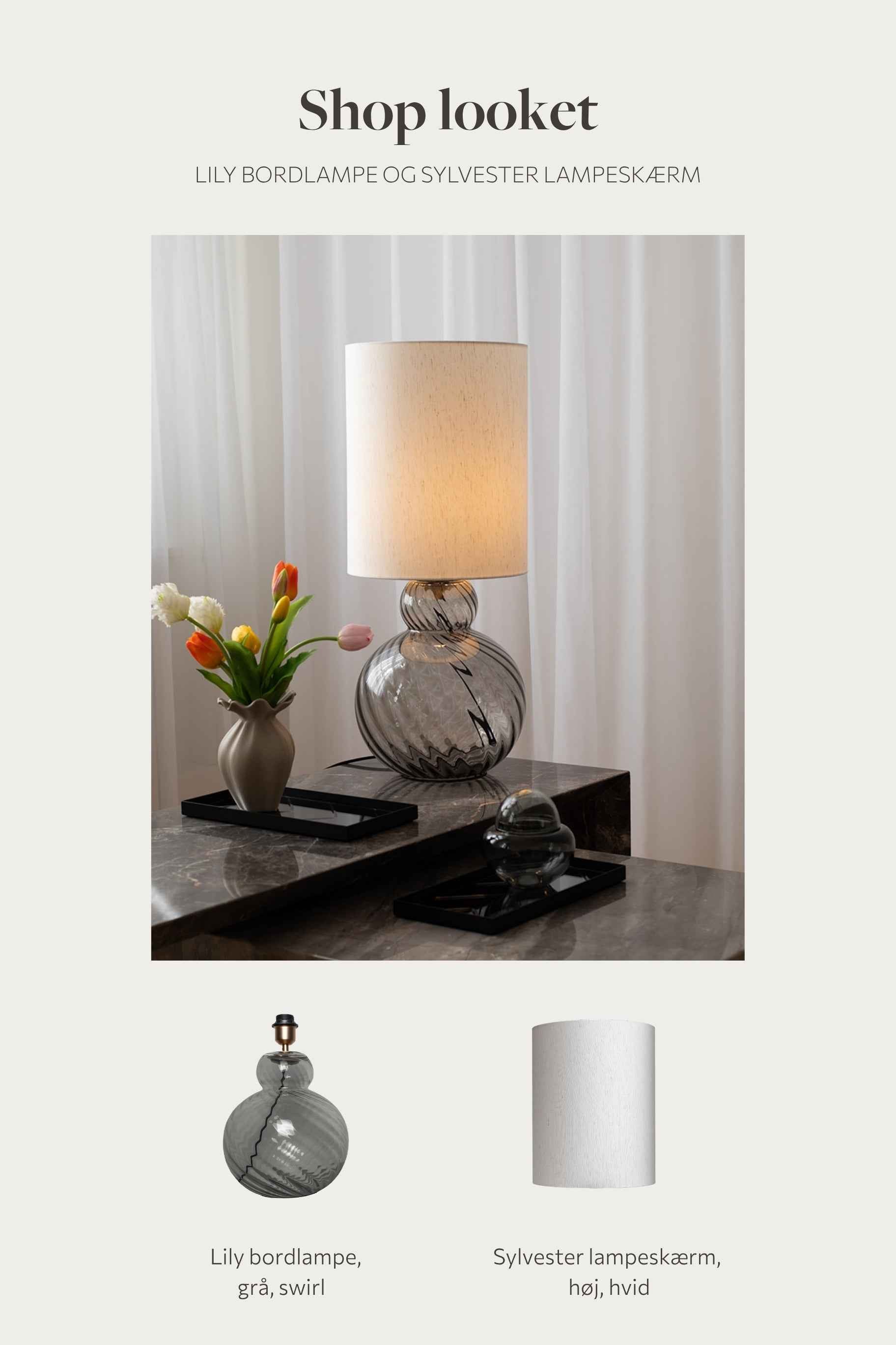 Shop looket - Lily bordlampe grå swirl med lampeskærm