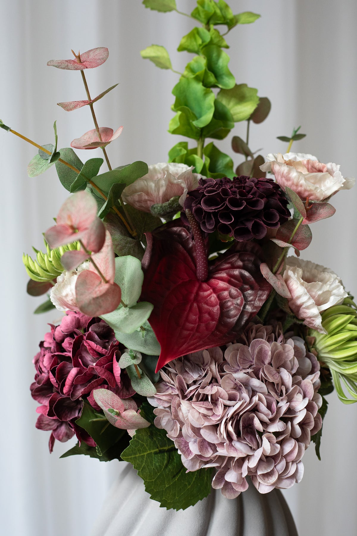 kunstig buket med hortensia og eukalyptus