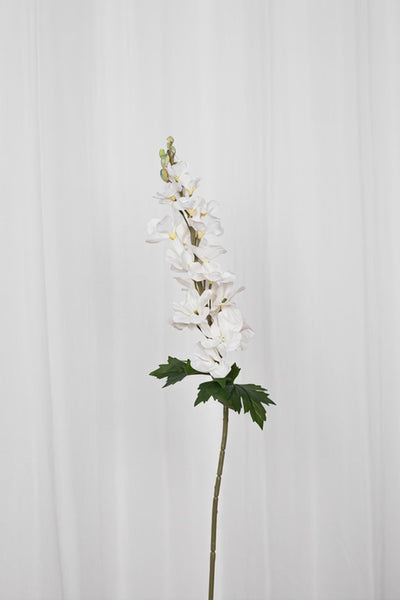 Video af Kunstig hvid consolida blomst med grønne blade i bunden. 